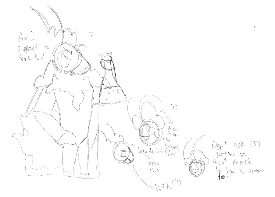 A bipedal moth character examining a potion asking if he is supposed to drink it. A roach character then tells him how the potion works. The Moth asks how the roach knows this information. The roach deflects the question.