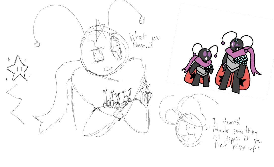 A Bipedal ladybug character holding a bunch of cherries, questioning what they are, as a roach responds to her question, while a starman floats in the background.