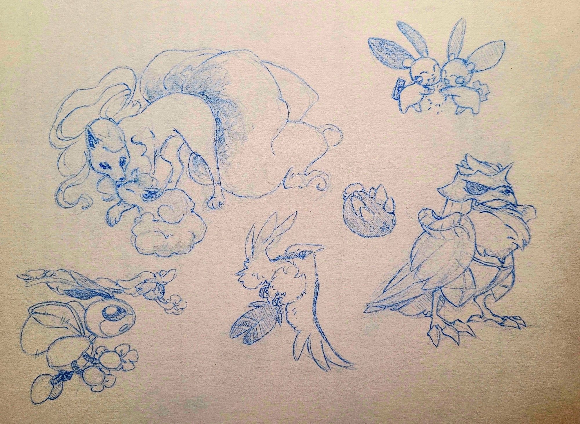 Various sketches done in blue featuring Pokemon (Alolan Ninetales and Vulpix, Plusle, Minun, Comfey, Ledian, Fletchinder, Pyukumuku, and Corviknight)