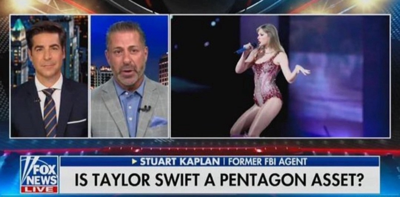 A Fox News screenshot of host Jesse Watters with the chyron: Is Taylor Swift a Pentagon Asset?