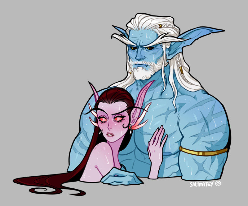 OCs velavie and zalgrand chest-up in water together
