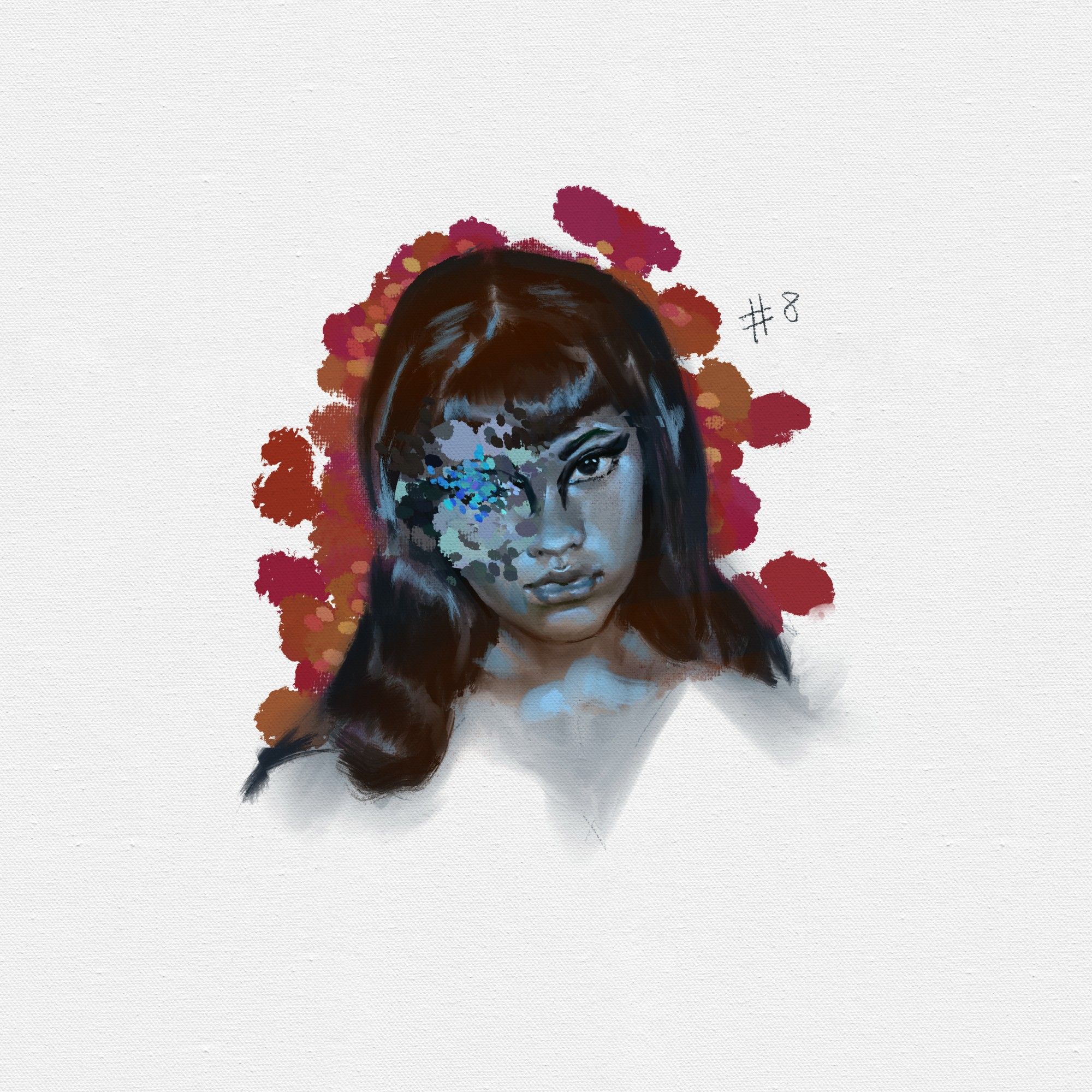 portrait of Shaniya (shanspeare), their right eye is covered by multi coloured circles from smaller to large. They are a dark skinned person with long black hair, bangs and dark eyes.