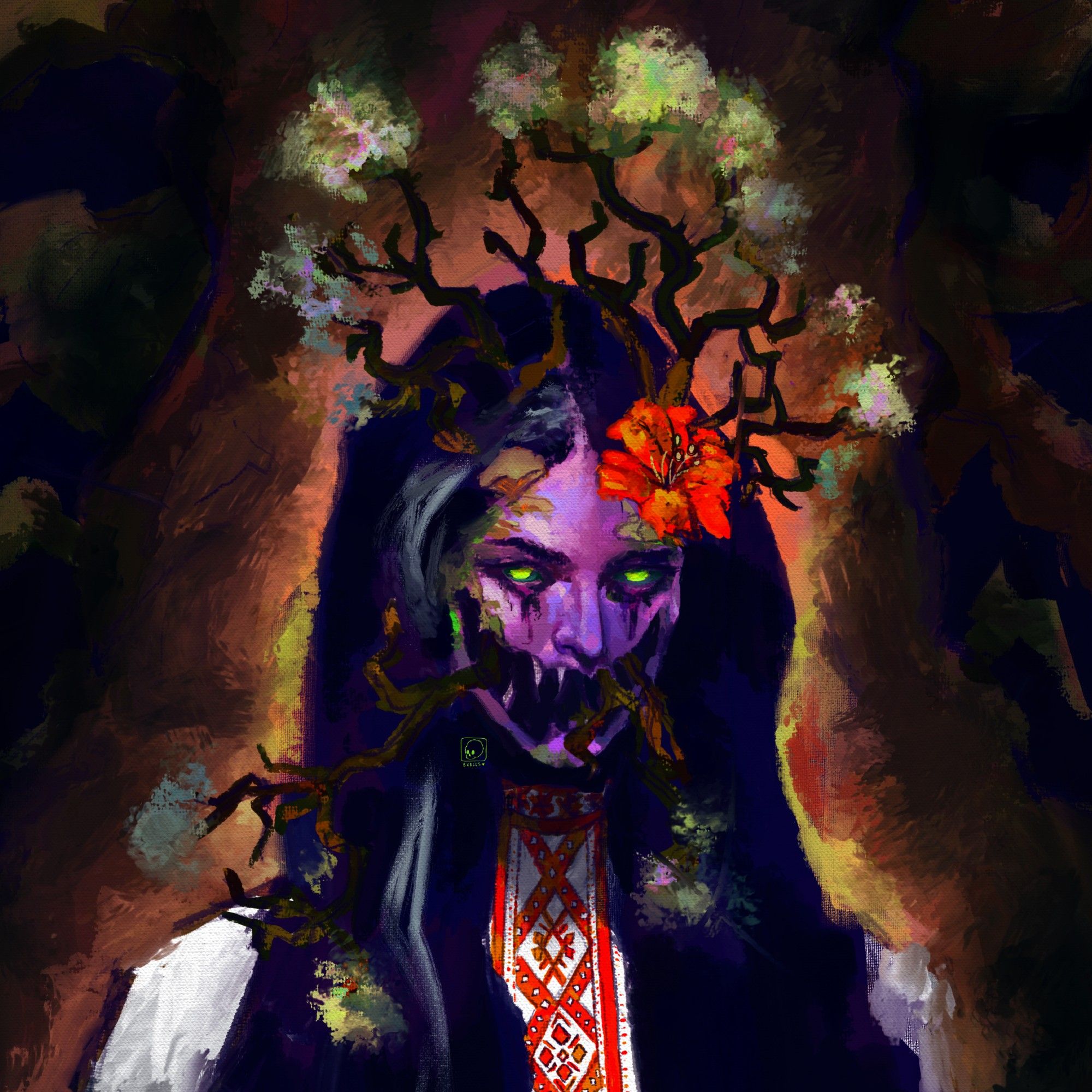 portrait of laudna from critical role season 3 in her form of dread. She has a big open mouth of darkness and trees pouring from it and from her hair. She has purple skin and green glowing eyes.