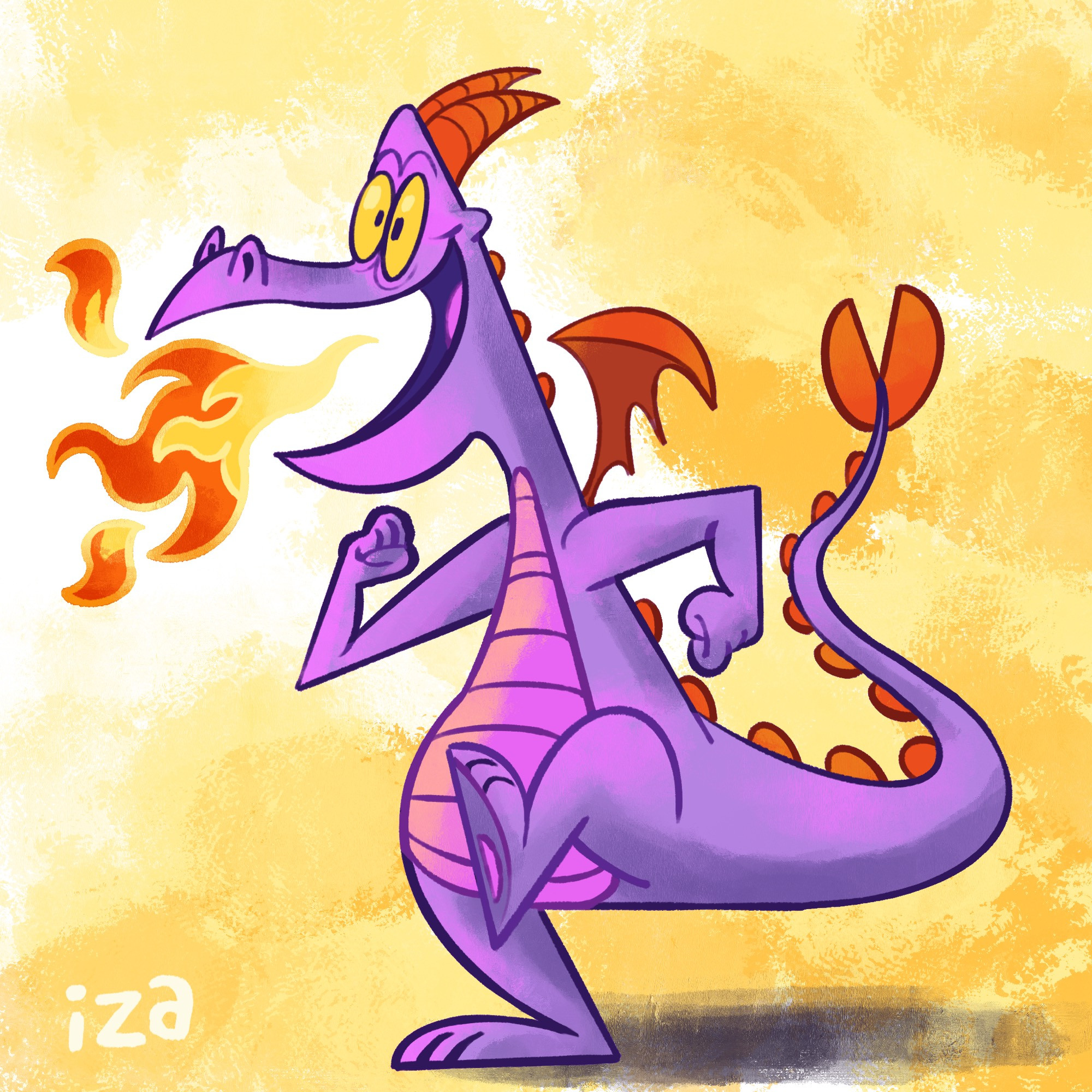 An illustration of Figment the purple and orange dragon from Disney’s ride “Journey through imagination” in the middle of happily marching while a little puffy flame is coming out of his open smiling mouth with a textured yellow background