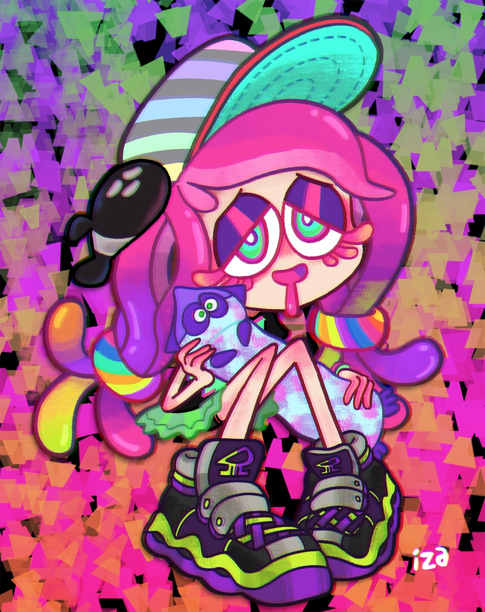 An illustration of Harmony from the Splatoon 3 games half lidded eyes & a drooly smile, chunky shoes & hat, while holding a Squid like long furby toy from the game