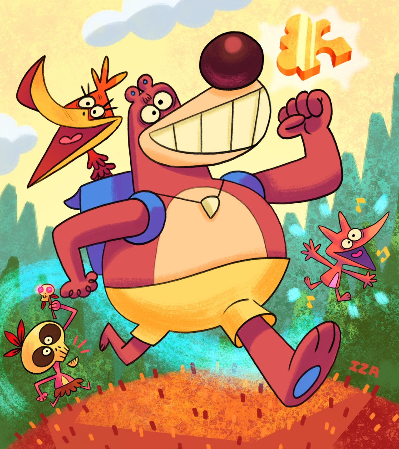 An illustration of Banjo & Kazooie from Banjo Kazooie, Banjo in the middle of running with a big dumb smile on his face, Kazooie’s head sticking out of Banjo’s backpack mouth wide open smiling, while a golden puzzle piece floats in front of them, a red jinjo flies through the air smiling in the background & Mumbo Jumbo waves his skull wand while his little mouth hangs open behind them