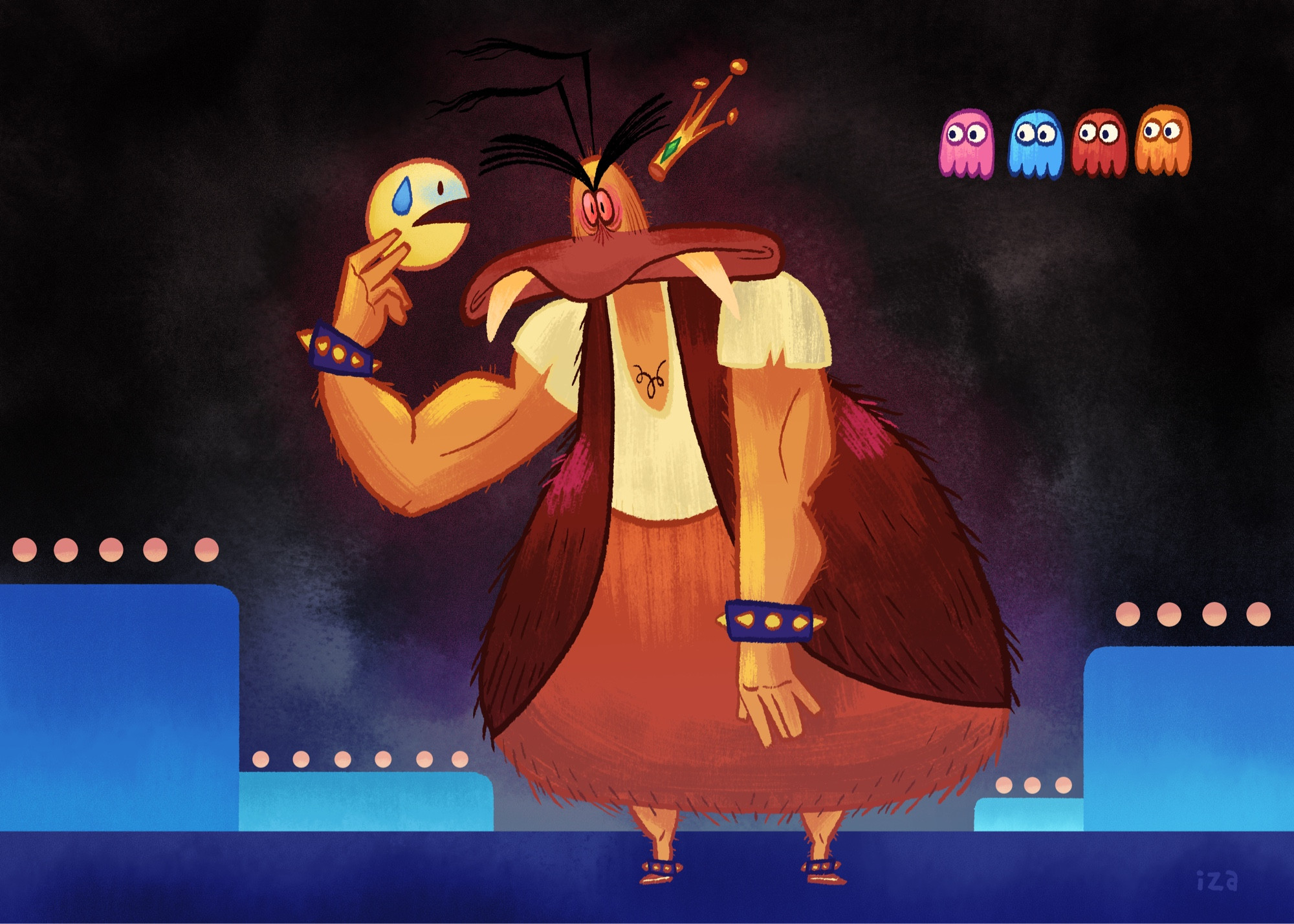 An illustration of King Cockroach holding a tiny pacman that has a drop of sweat on his brow while the 4 pacman ghosts float behind him, a dark sky & Bg implying they’re in the world of the pacman game