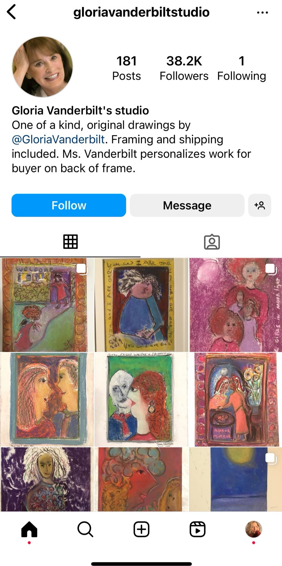 Gloria Vanderbilt Studio home page on Instagram, with the artist’s photo and bio at top and thumbnails of her art in a 3 x 3 grid below.