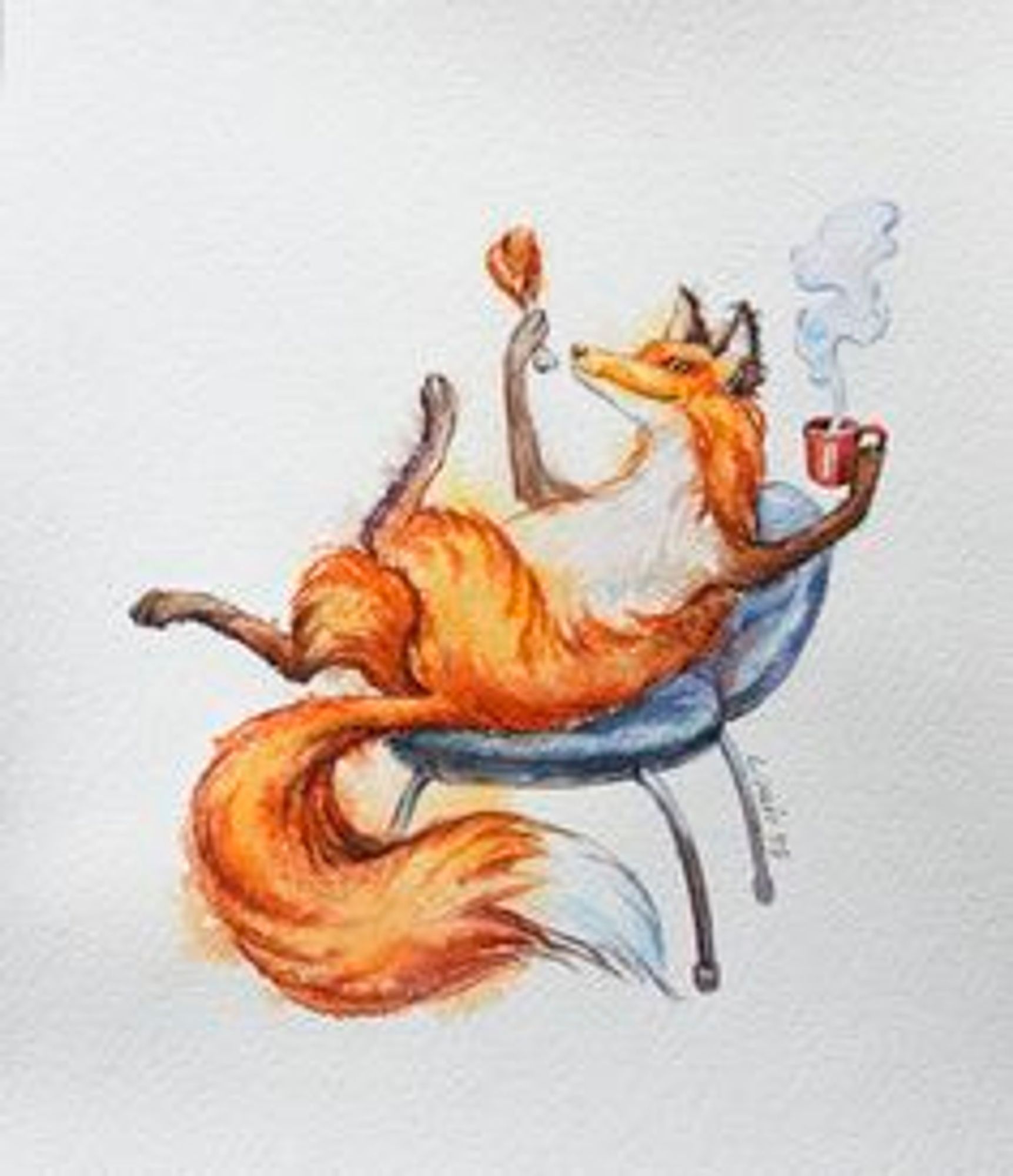 Cartoon fox sitting back on a blue chair having a cup of something hot in a red mug.