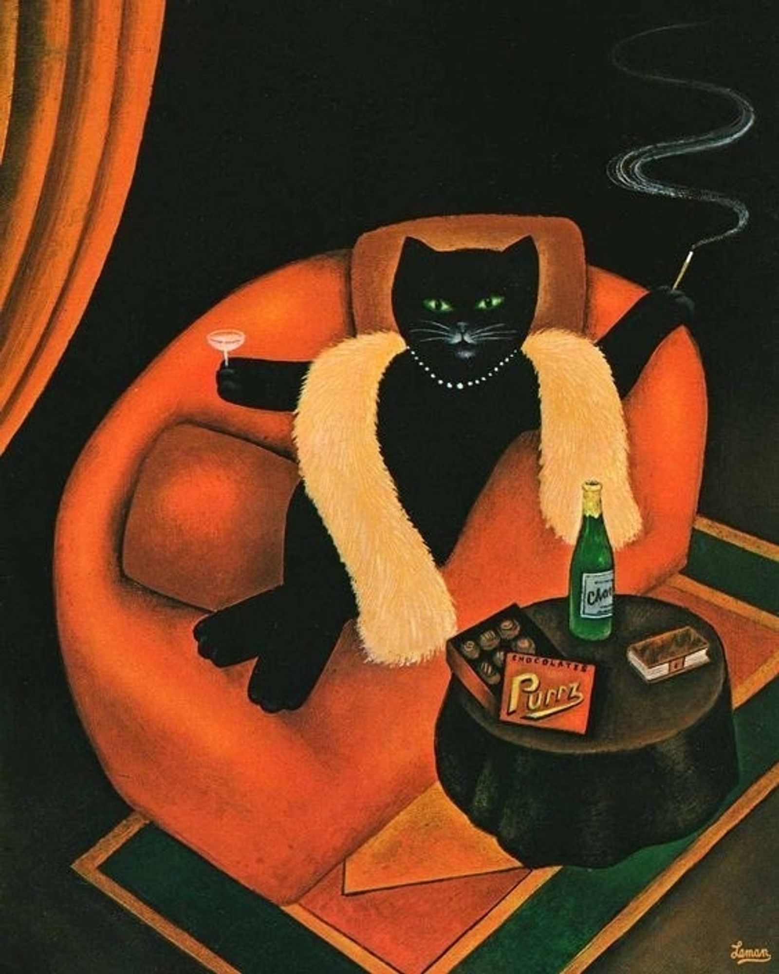 Painting of a large black cat lounging on an orange sofa. They are smoking a cigarette and drinking champagne with some treats on a low, black table