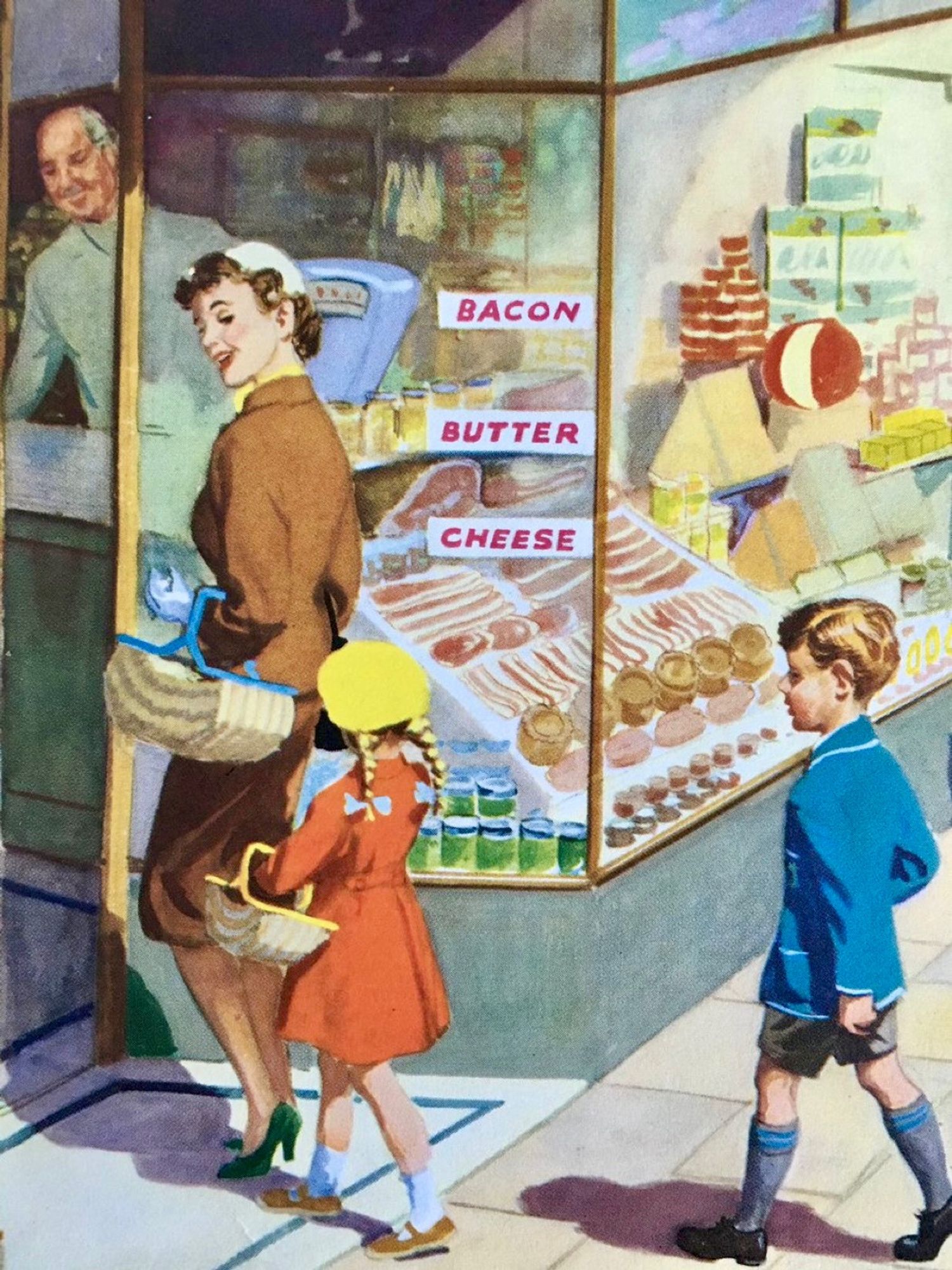 A mother and her two children enter a grocer’s shop in the 1959s. All three are smartly dressed.