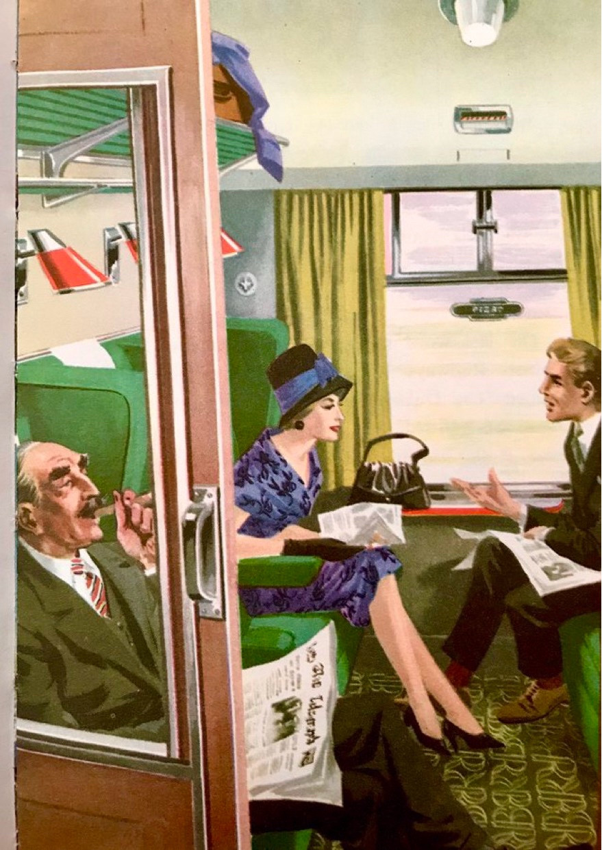 3 bery well-dressed people sit in the compartment. A lady wearing the height of Paris fashions and a man sharply dressed like Michael Caine.
In the corner is an older businessman, smoking an enormous cigar.