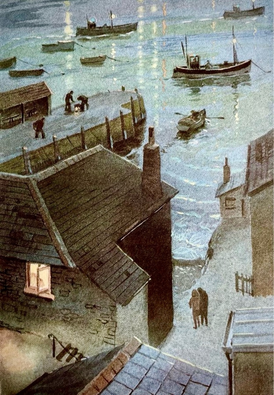 A moonlight scene over a small fishing port, perhaps in Cornwall