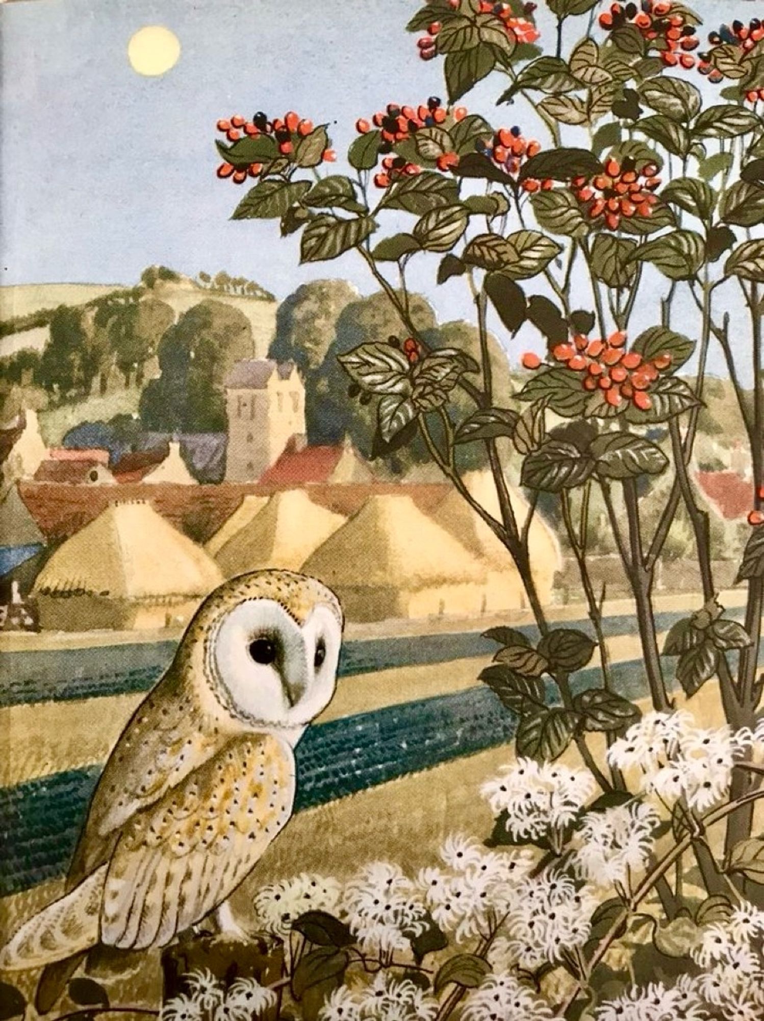 A barn owl is perched on a flowering hedge. In the mid ground is a harvested field and behind it a small village set at the foot of a hill. A full moon glows in a pale blue sky.