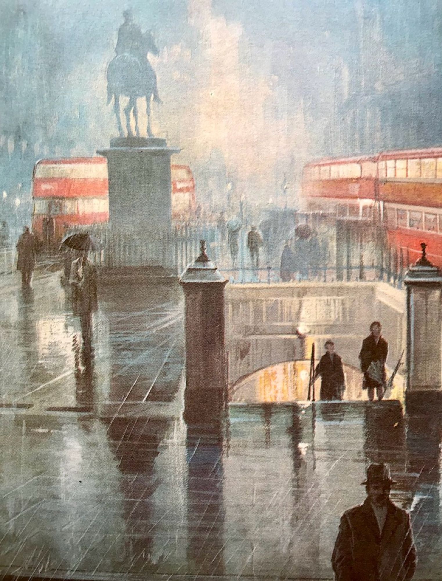 A rather impressionistic painting of Bank station in London through a veil of rain and fading light, iluminated by street lighting reflected in the puddles