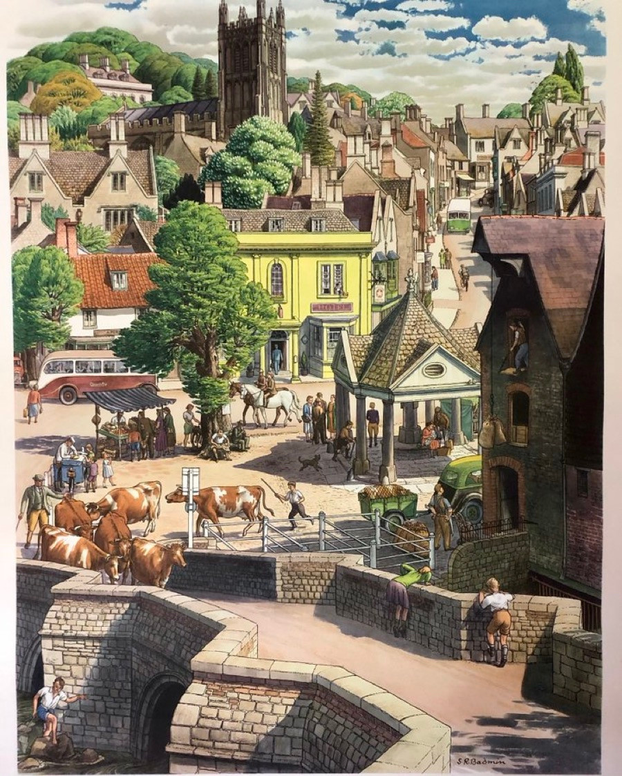 A fantasy scene featuring an idealised version of the perfect, quaint English small town or big village, featuring corn exchange, cows being led to market cobbles and ancient church 