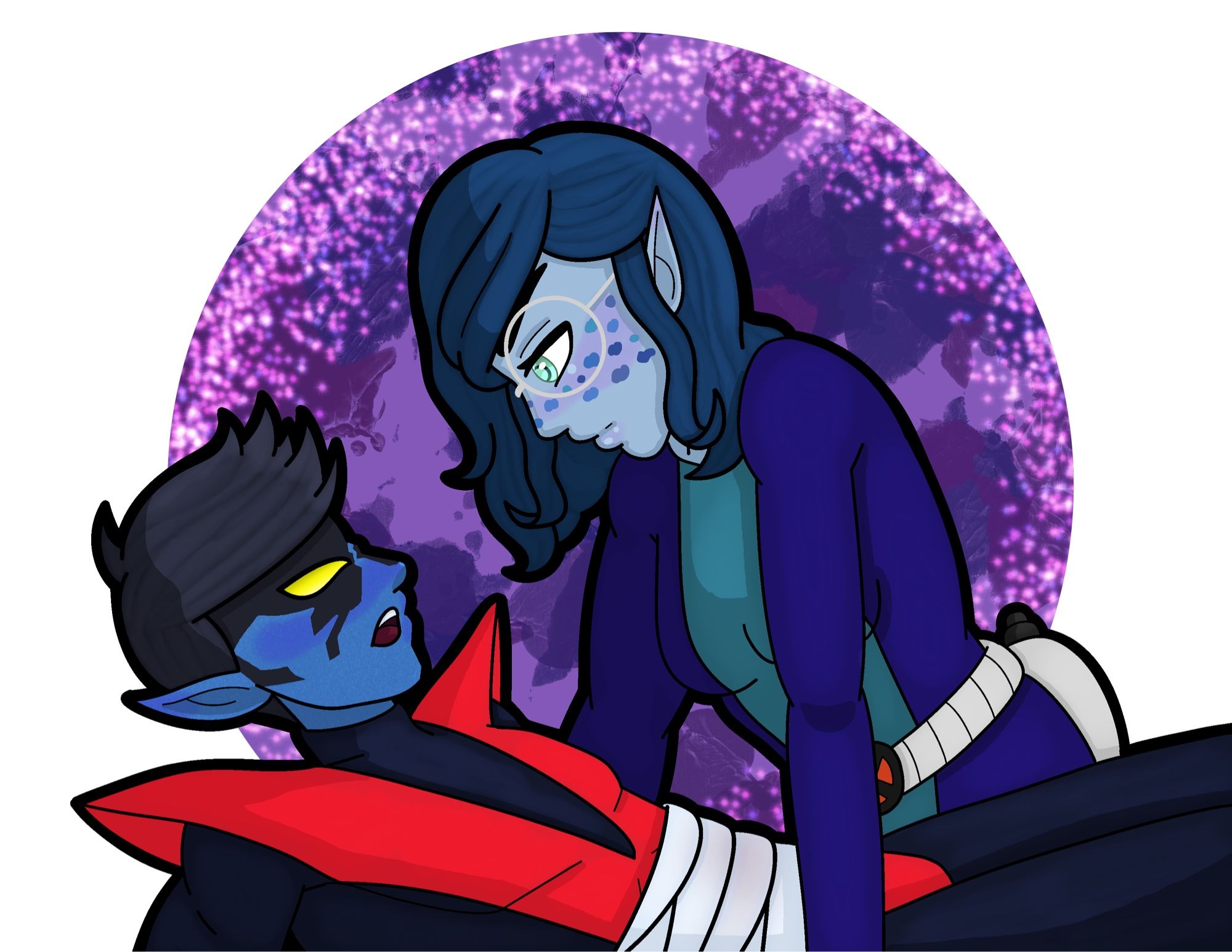 Kurt Wagner (nightcrawler) injured with bandages and Amph leaning over him with a grumpy expression