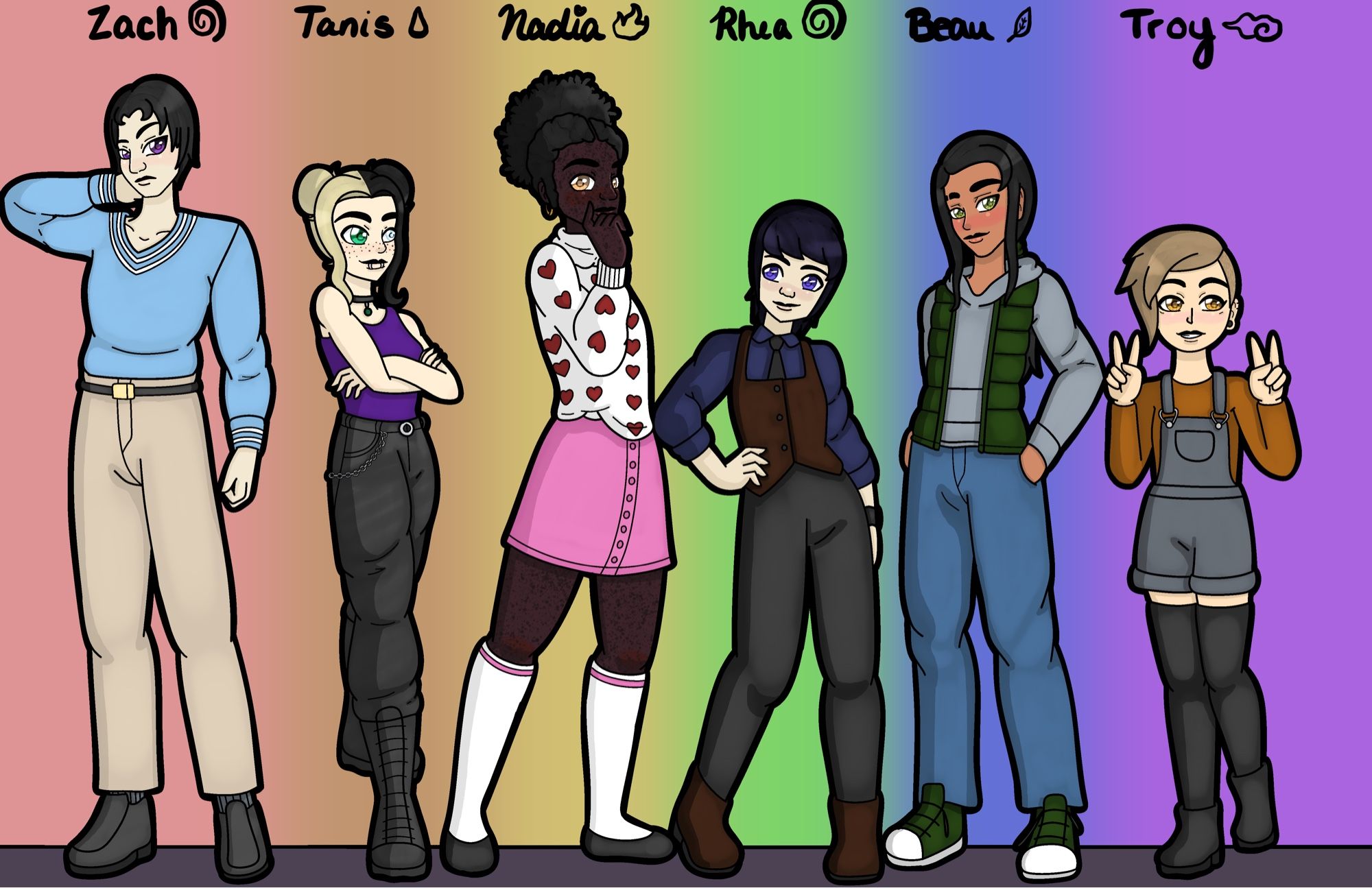 Six teens in age order: a tall boy in blue sweater and khakis, a girl with split hair and baggy pants, a girl with hearts on her sweater and pink skirt, a short person with a suit style outfit, a boy with hoodie and jeans on, and a shirt person with overalls, orange shirt, and thigh socks