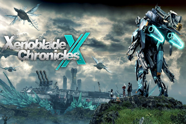 A promotional image for Xenoblade Chronicles X, of the main cast standing on an overlook with a mech looking out over the main city hub of the game. Giant creatures with dragonfly wings fly through the sky.