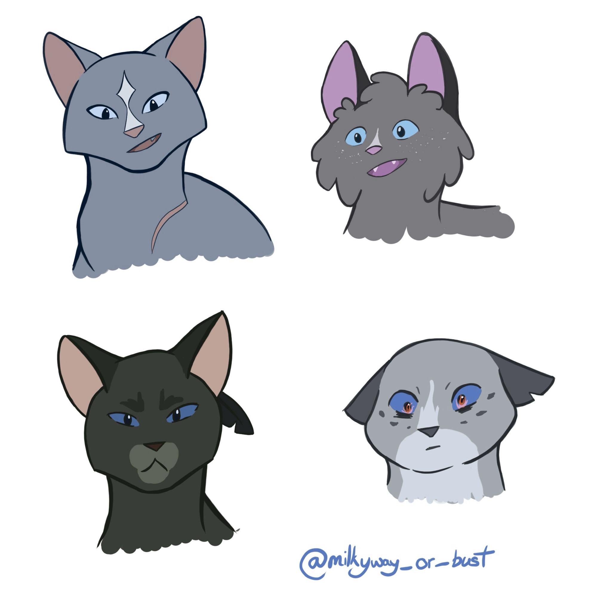 4 cats from the popular books series warrior cats. All of which have been described as grey cats with blue eyes. From top left to bottom right there is Bluestar Cinderpelt Crowfeather and Ashfur. Notably Ashfur has fire in his eyes