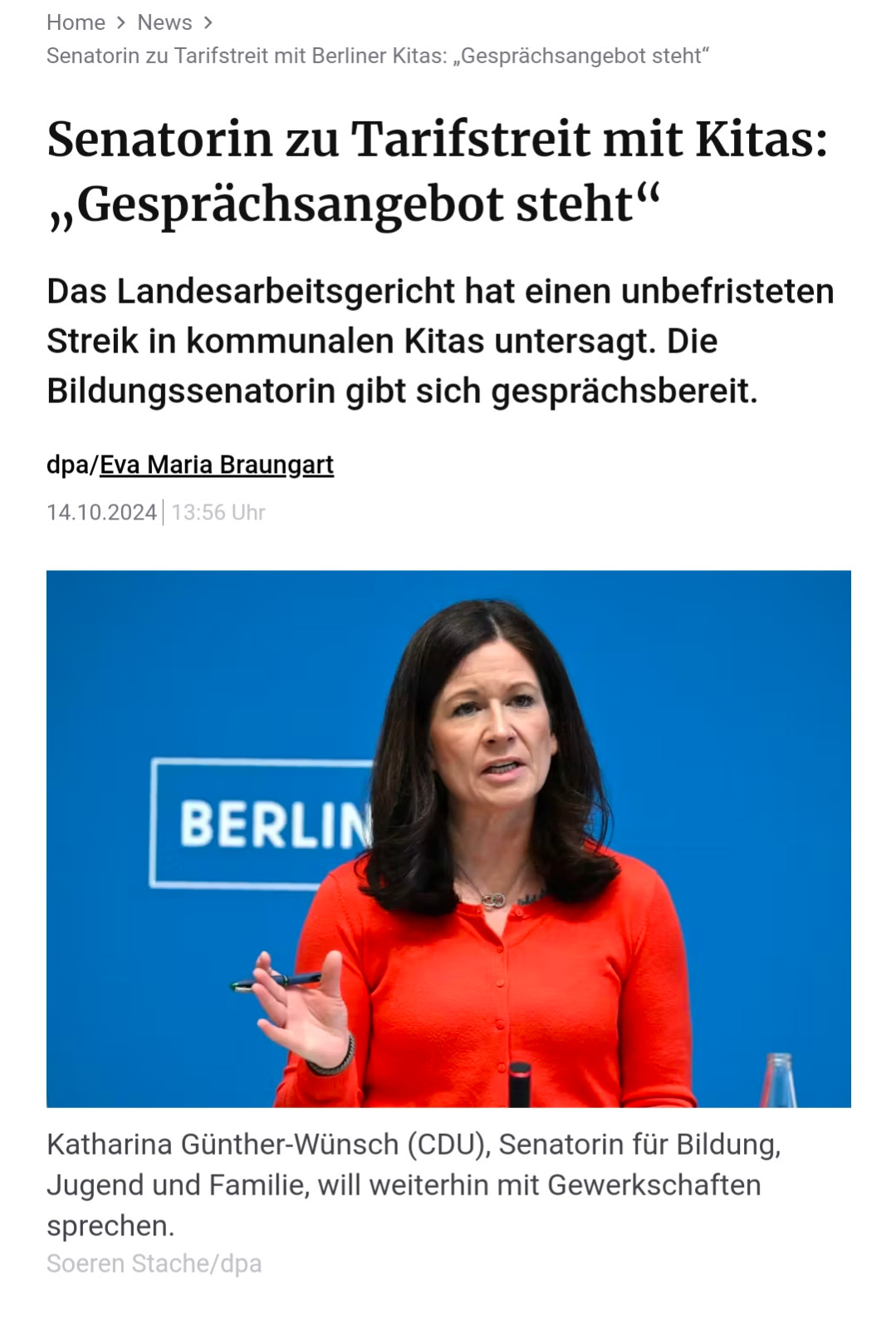 Screenshot 14.10.24 Berliner Zeitung: Senatorin zu Tarifstreit mit Kitas: ,,Gesprächsangebot steht" Das Landesarbeitsgericht hat einen unbefristeten Streik in kommunalen Kitas untersagt. Die Bildungssenatorin gibt sich gesprächsbereit.