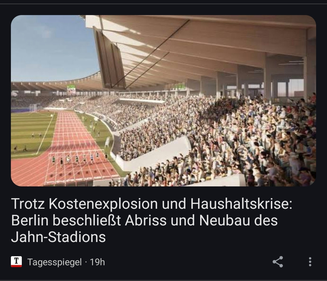 Screenshot 13.06.24 Tagesspiegel: Trotz Kostenexplosion und Haushaltskrise, Berlin beschließt Abriss und Neubau des Jahn-Stadions