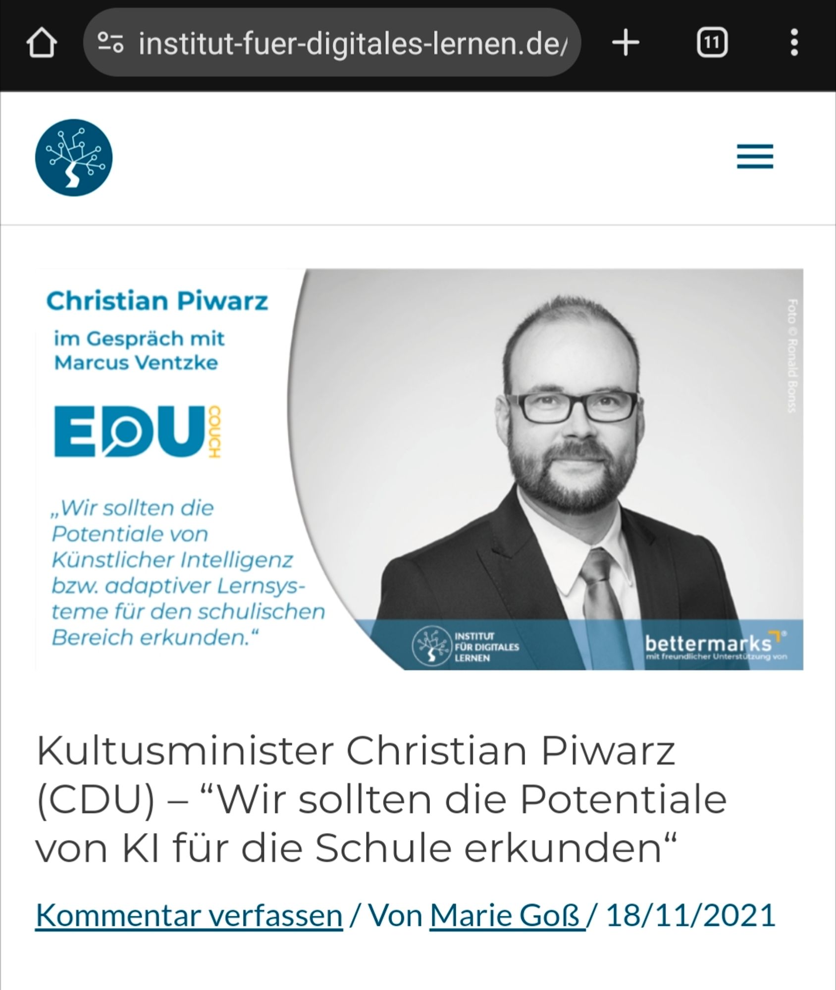 Screenshot 05.08.24 Institut für digitales Lernen:  INSTITUT R DIGITALEE bettermarks Christian Piwarz im Gespräch mit Marcus Ventzke EDU ,Wir sollten die Potentiale von Künstlicher Intelligenz bzw. adaptiver Lernsys teme für den schulischen Bereich erkunden." Kultusminister Christian Piwarz (CDU) - "Wir sollten die Potentiale von KI für die Schule erkunden“