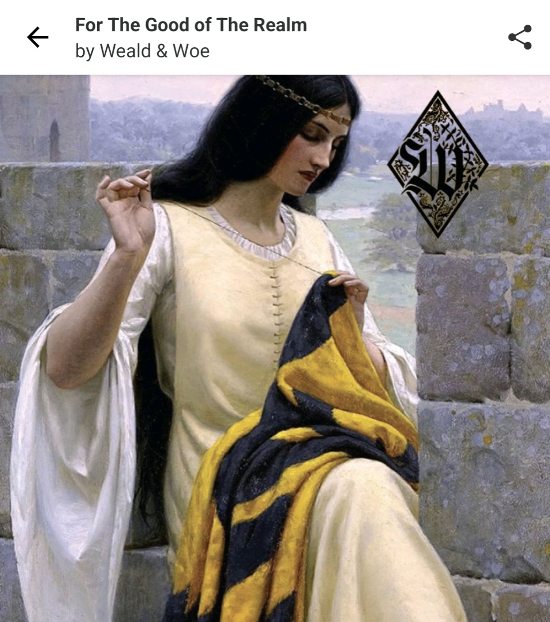 Album art of "For the Good of the Realm" by Weald and Woe. A medieval lady sits on a castle wall while sewing.