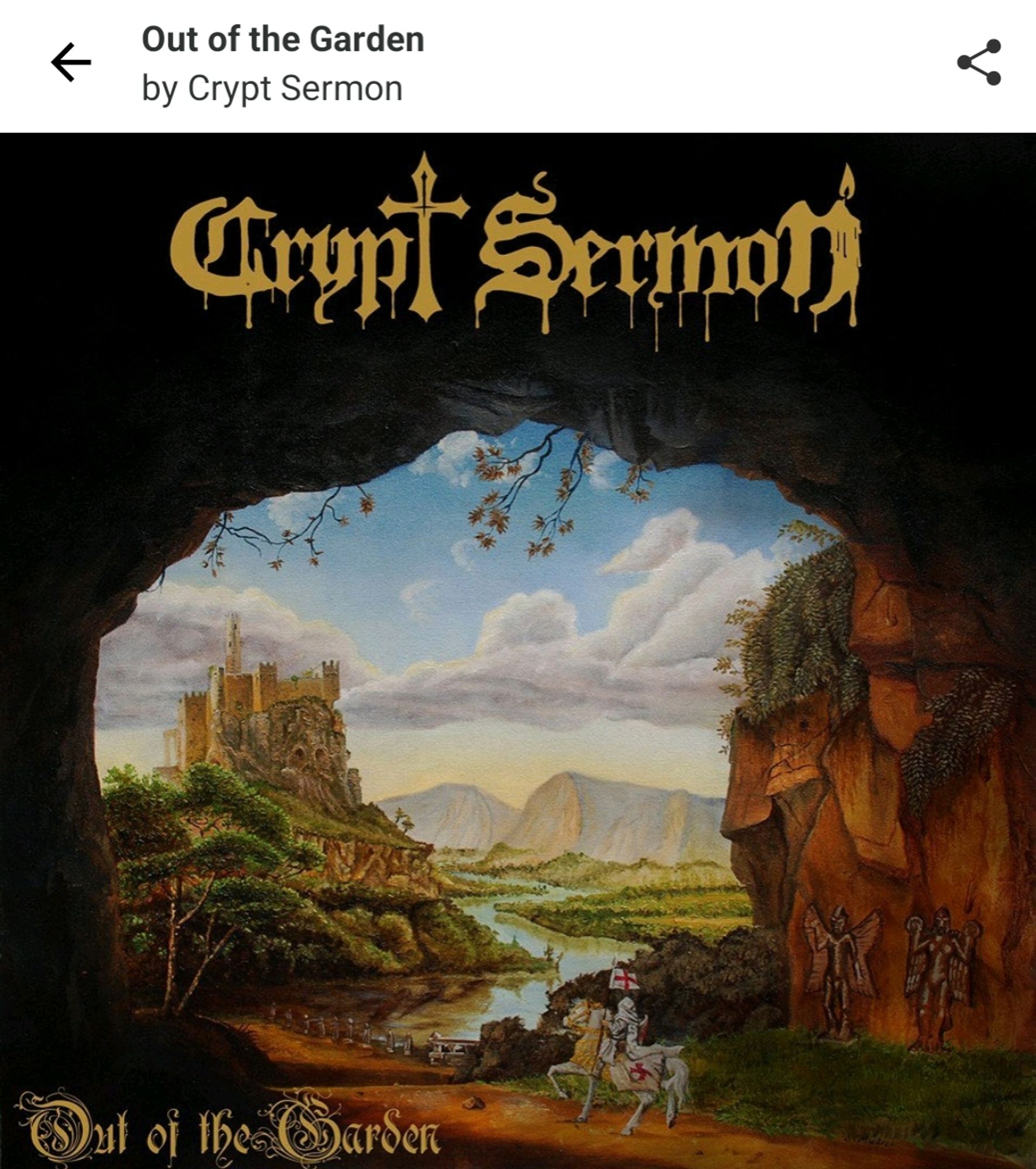 Album art of "Out of the Garden" by Crypt Sermon.
A cloaked person on a white horse rides towards a castle in the distance.