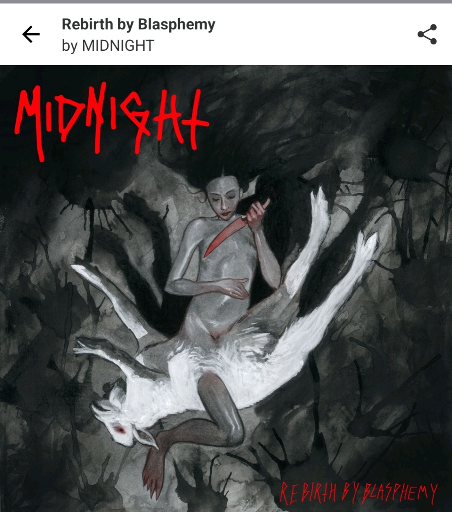 Album art of "Rebirth By Blasphemy" by Midnight. Demon-person holding a dagger while intwined with a lamb/goat.