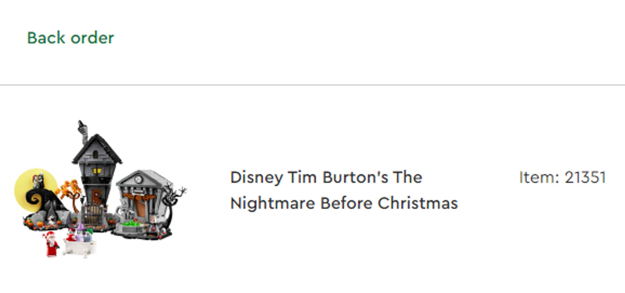 an order confirmation for the nightmare before christmas lego set