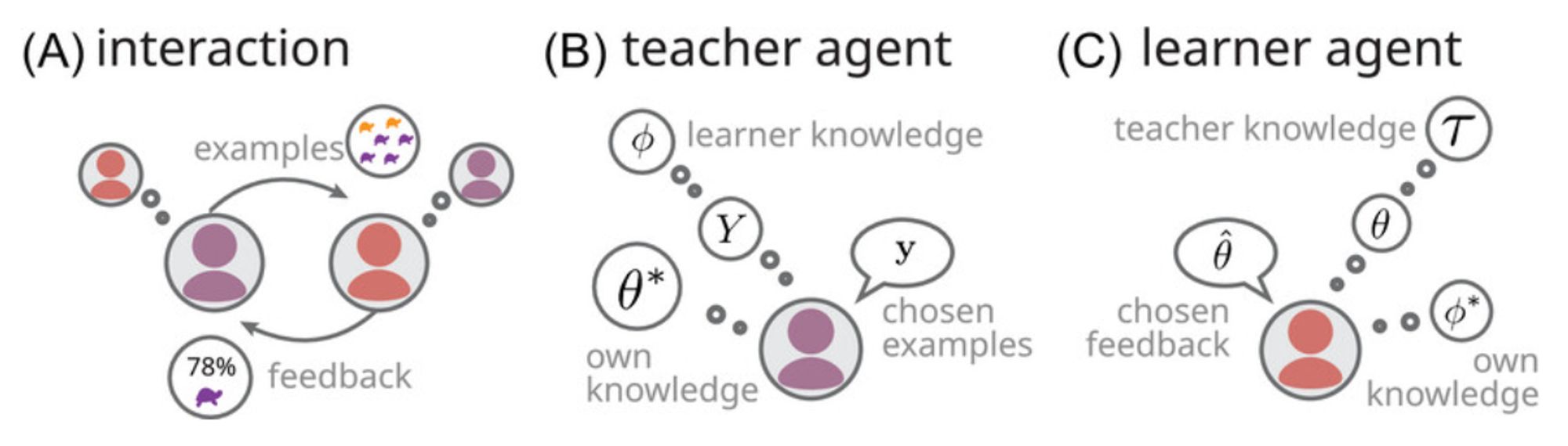 Figure 1 in the paper. 
(A) depicts a teacher and learner interacting with each other. 
(B) and (C) depict the teacher and the learner agent, respectively.