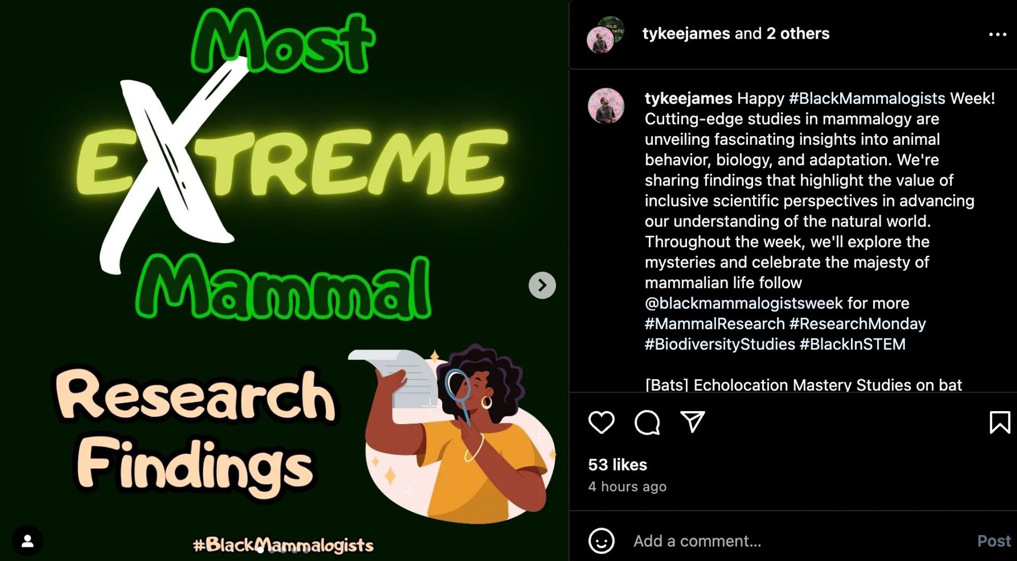 Tykeejames says: Happy #BlackMammalogists Week! Cutting-edge studies in mammalogy are unveiling fascinating insights into animal behavior, biology, and adaptation. We're sharing findings that highlight the value of inclusive scientific perspectives in advancing our understanding of the natural world. Throughout the week, we'll explore the mysteries and celebrate the majesty of mammalian life follow @blackmammalogistsweek for more #MammalResearch #ResearchMonday #BiodiversityStudies #BlackInSTEM