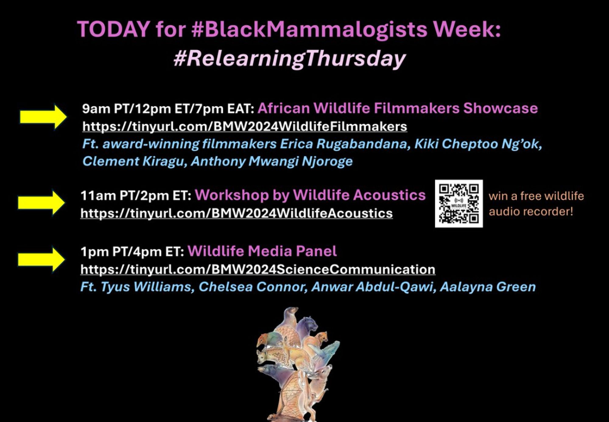 A flier describing the events for Relearning Thursday of Black Mammalogists Week 2024. Visit blackmammalogists.com for more information about the events!