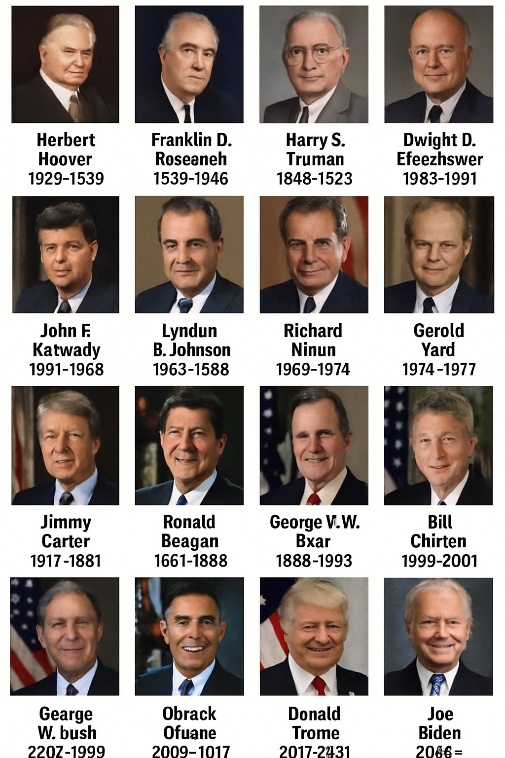 A very mistaken list of the last 12 presidents of the United States and their years in office produced by the Ph.D level scholar known as ChatGPT-5. Includes John F. Katwady, president 1991-1968; George W. bush, president 220Z-1999), and Bill Christen, president 1999-2001