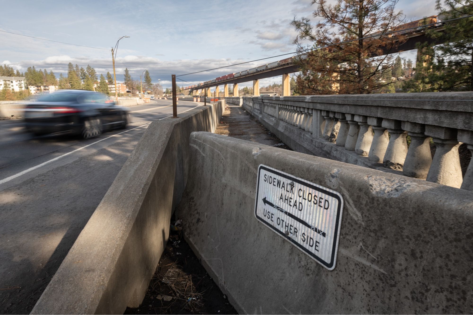 Closed sidewalk on Sunset Bridge in Spokane, Wash.