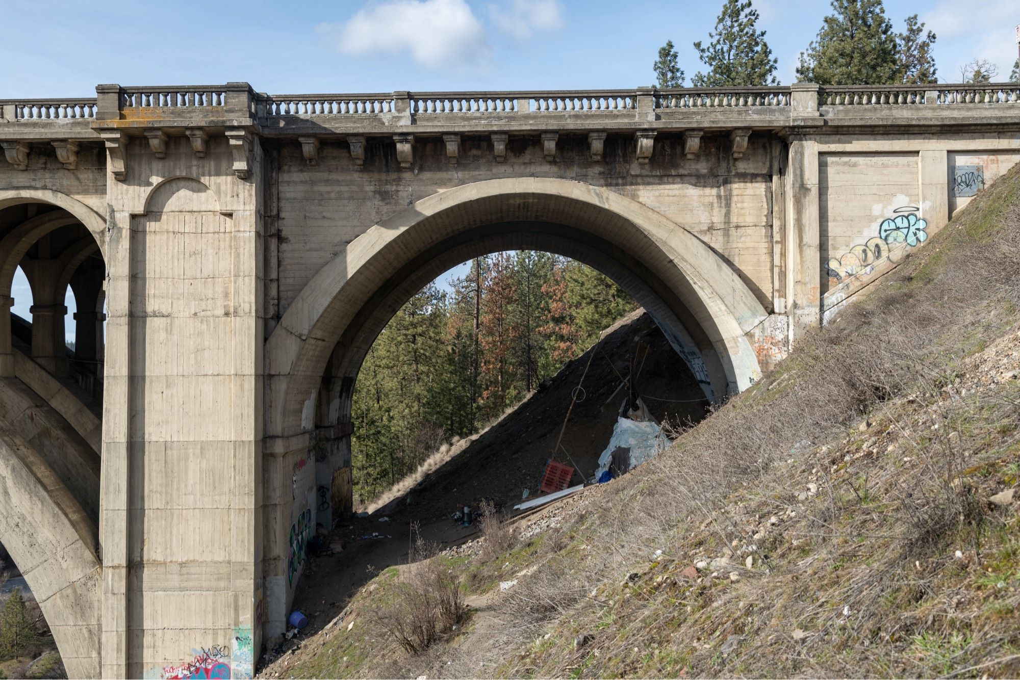 Campsite underneath the Sunset Bridge in Spokane, Wash.