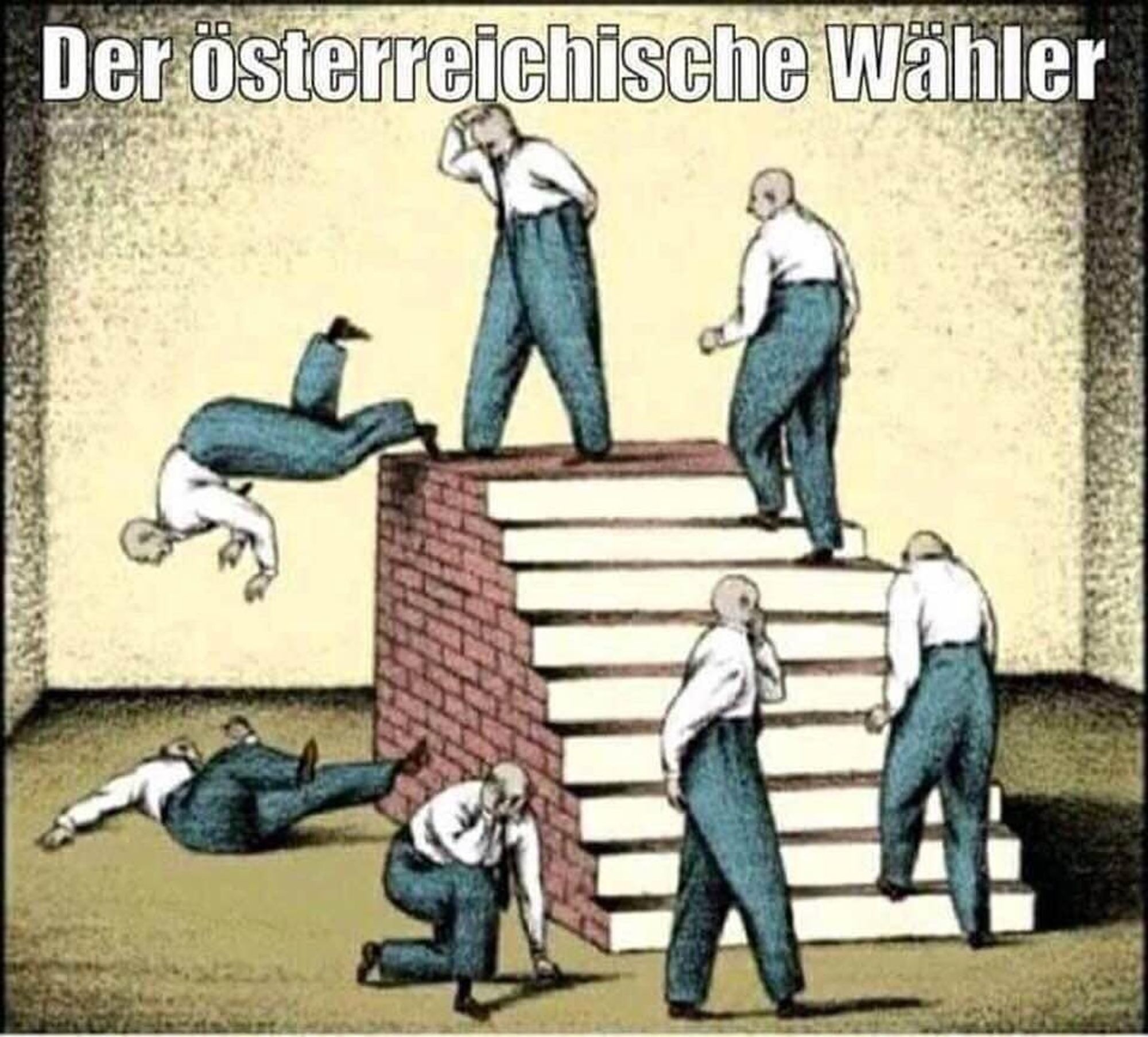 Bild von Treppe ins Leere, Menschen die im Kreis immer die Treppe rauf gehen, hinten runterfallen, aufstehen und von vorn beginnen. 

Darüber der Text:
Der österreichische Wähler