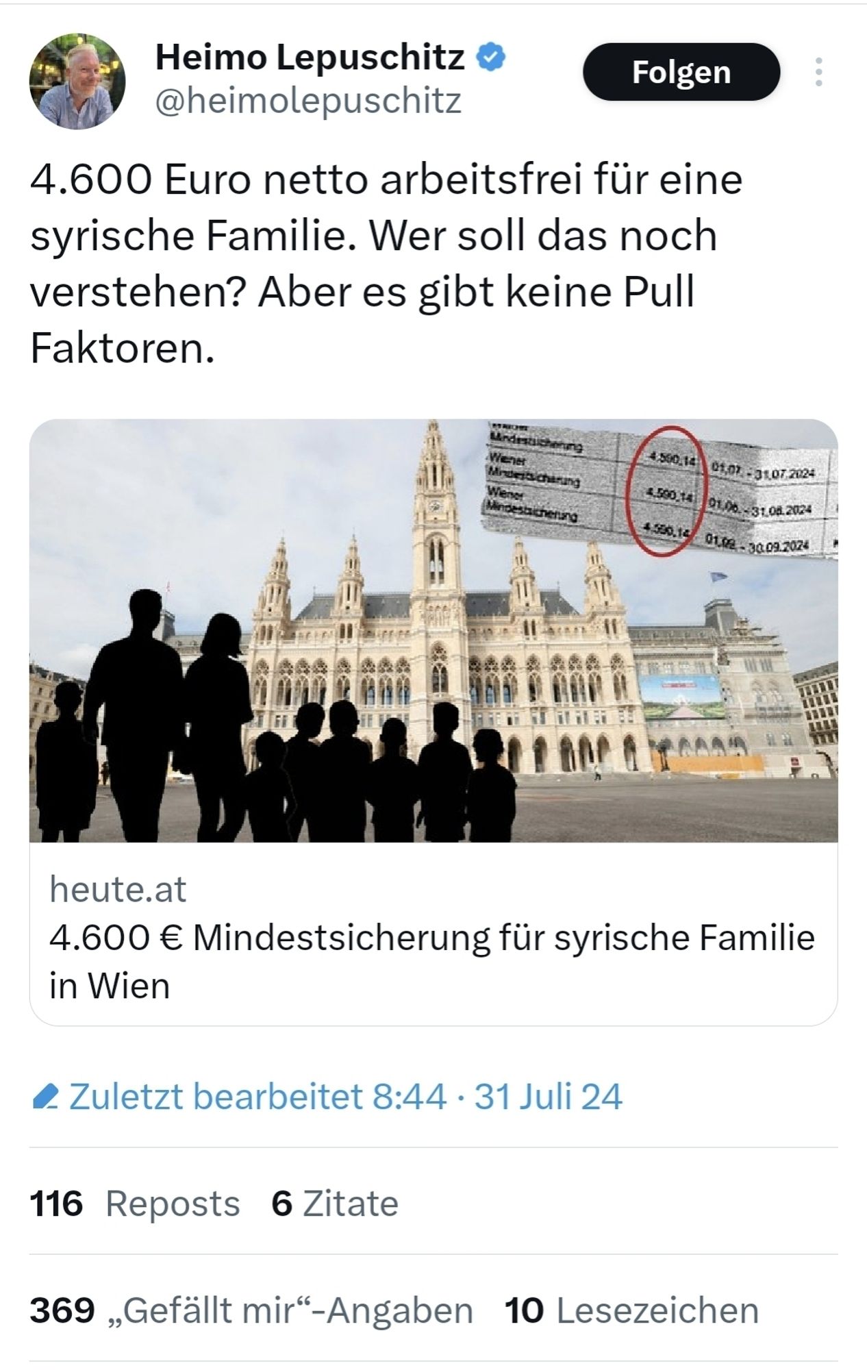 Heimo Lepuschitz auf X:
"4.600 Euro netto arbeitsfrei für eine syrische Familie. Wer soll das noch verstehen? Aber es gibt keine Pull Faktoren."