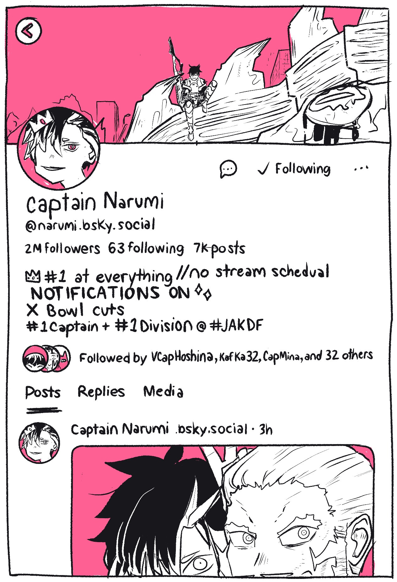 Terrible drawing of this platform’s profile page for Fictitious Man Narumi Gen from the hit animanga Kaiju No. 8. It is very very dumb. 