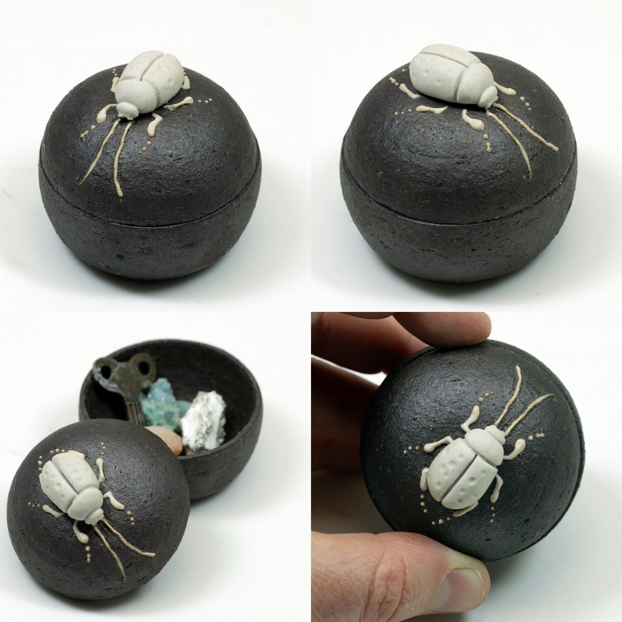 Small ceramic box— black stoneware with a white sculpted beetle on top