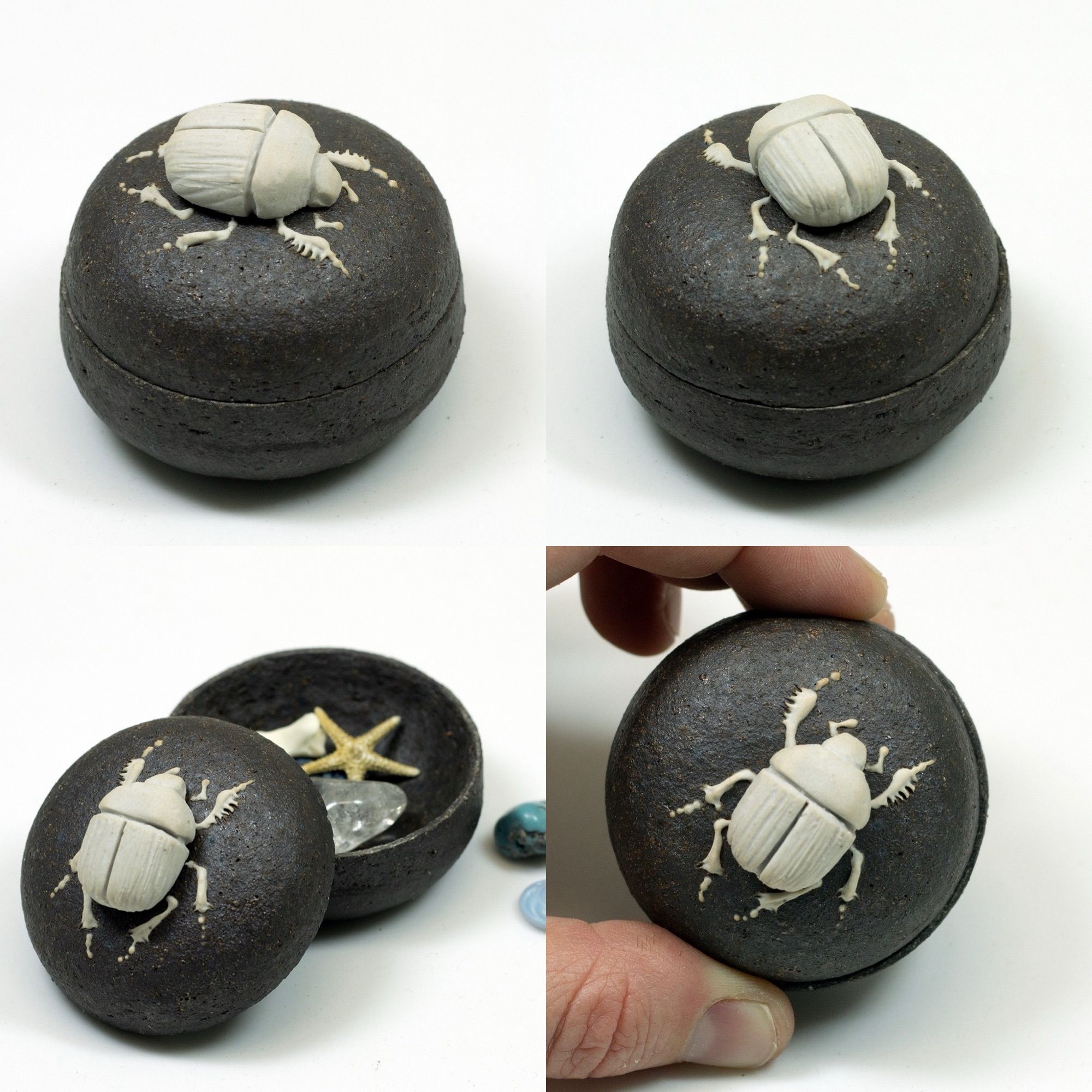 Small ceramic box— black stoneware with a white sculpted beetle on top