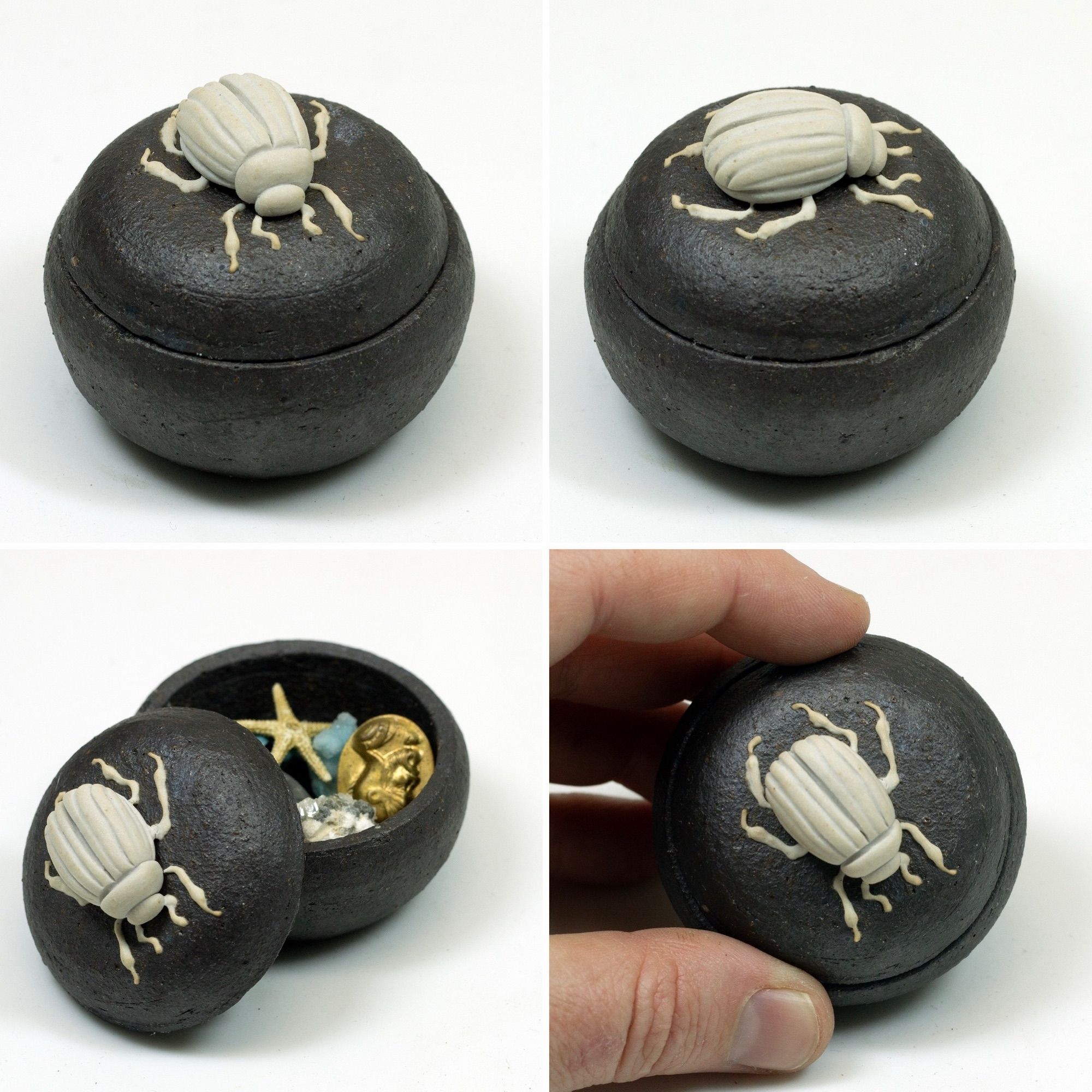 Small ceramic box— black stoneware with a white sculpted beetle on top