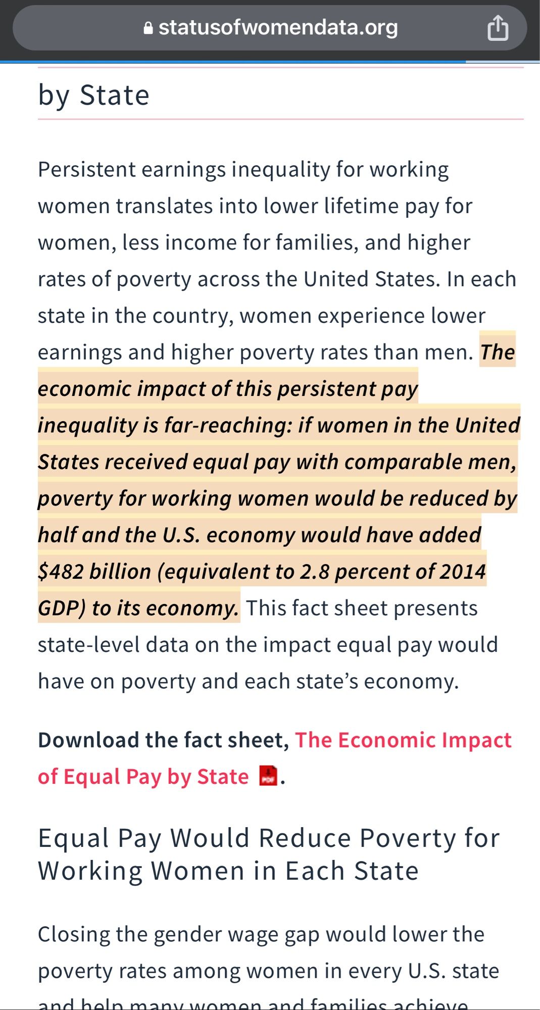 https://statusofwomendata.org/featured/the-economic-impact-of-equal-pay-by-state/

The economic impact of this persistent pay inequality is far-reaching: If women in the US received equal pay with comparable men, poverty for working women would be reduced by half and the US economy would have added $482 billion (equivalent to 2.8 percent of 2014 GDP) to its economy.