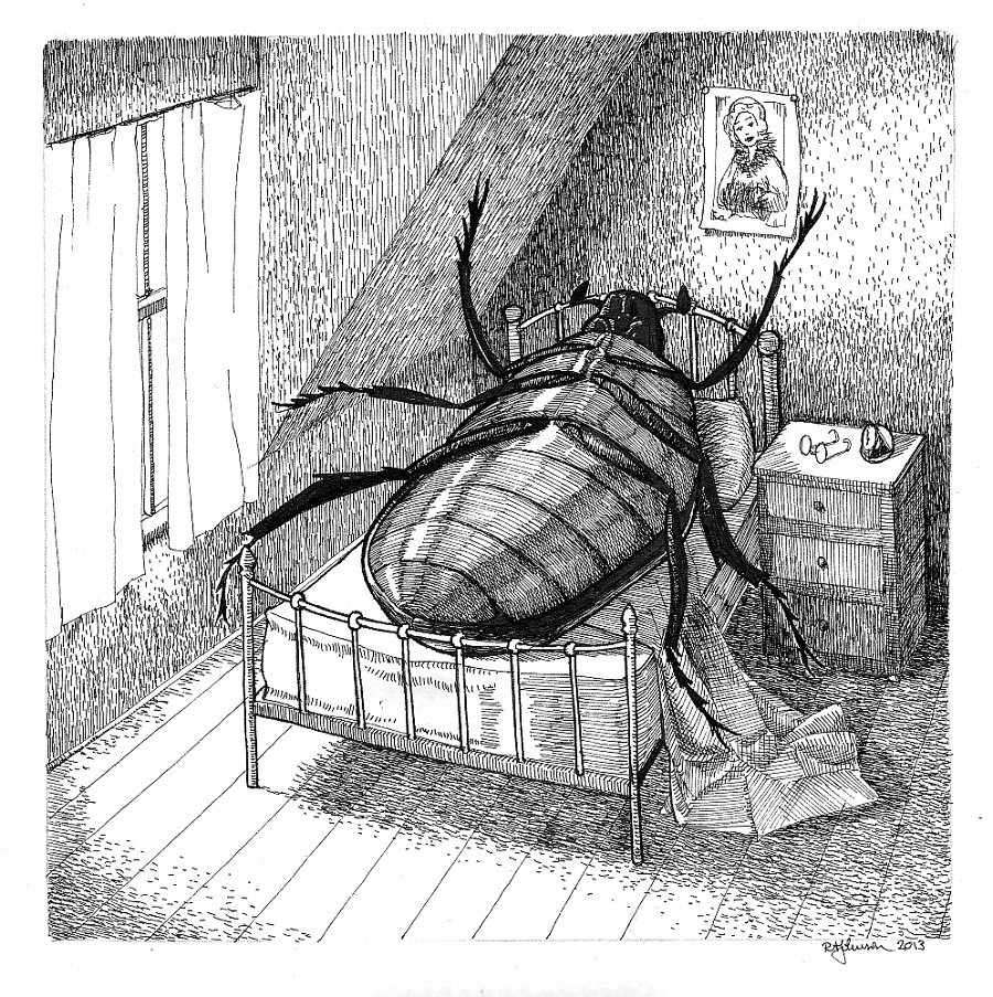 black and white illustration of a giant bug in a bed with the covers on the floor. representative of franz kafka's metamorphosis