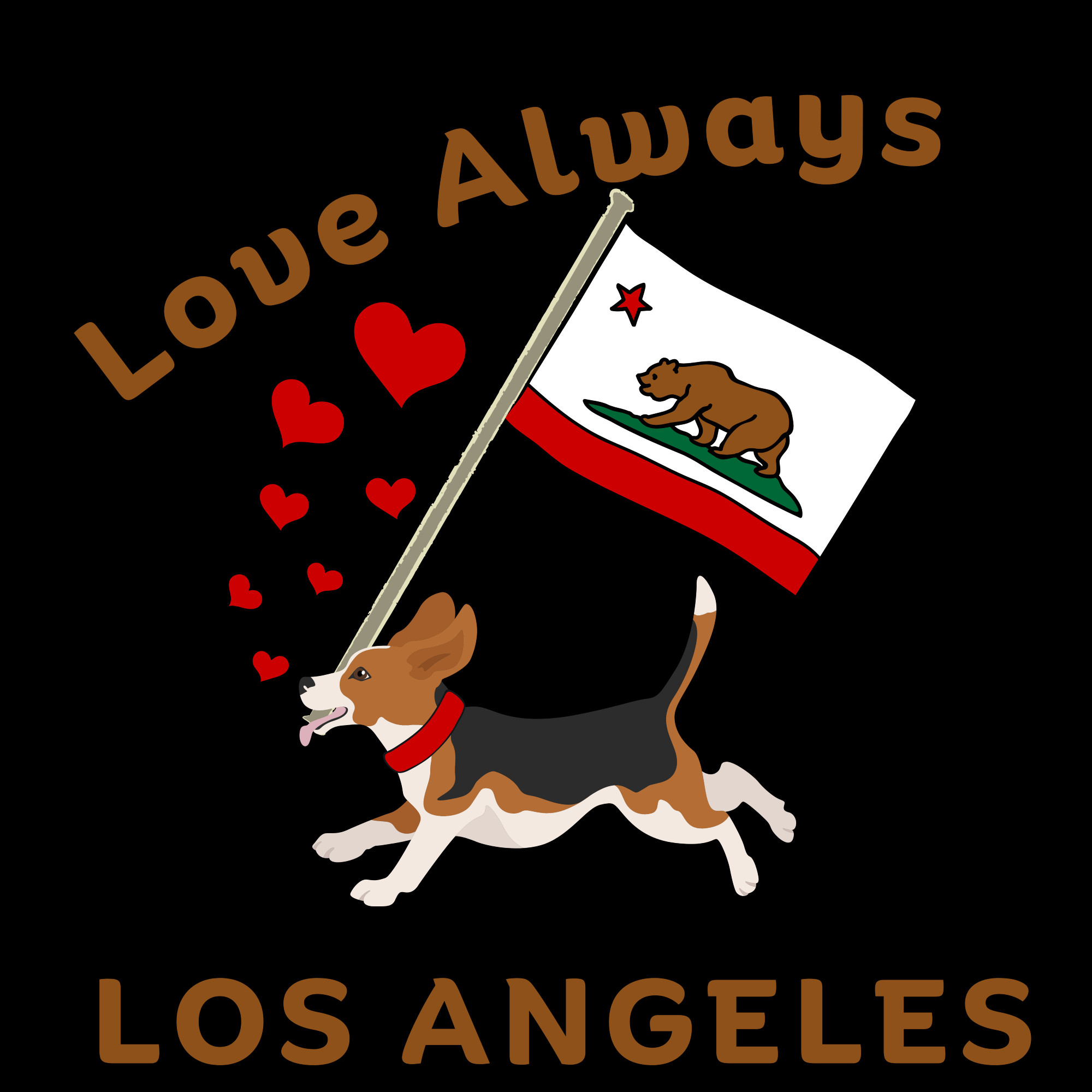 A graphic of a beagle running through some read hearts, wearing a read collar, carrying a California flag. He is wearing a red collar. The text along the top of the graphic says Love Always and across the bottom: Los Angeles. 

This is a Bonfire Charitable Shirt and hoodie sale, and all the proceeds go right to Pasadena Humane and SPCA. Goal is 50 Shirts which should send them about $1000, of course more than that would be great. 

I never know what to do when a terrible, horrible devistating thing happens and I am so far away-I can't show up and bring food or baby sit someone's kids while they deal with insurance, or take in some kittens so I try to raise money. These Bonfire shirts are so easy because the money never comes to me--Bonfire sends the funds right to the non profit. You can even make a donation to the non profit from Bonfire (BF does not take a % of that!!) I am not a great graphic designer but I feel like I am helping in a small way.  Please share if you feel compelled.  The quicker we get to the goal of 50 pieces from each campaign (design) the faster the funds get sent. xoxo
