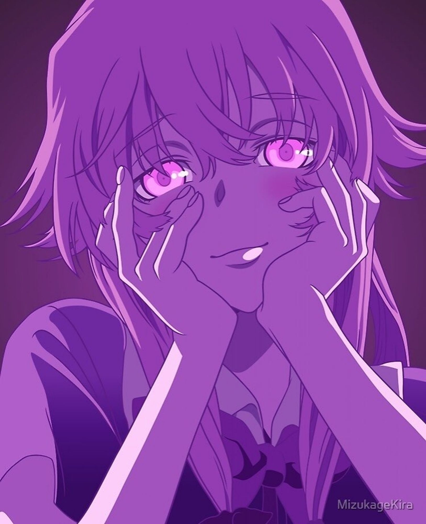 A picture of Yuno Gasai from Future Diary. She is in her infamous pose where she covers her cheeks with her hands and her eyes are glowing a brilliant bright pink. She has bangs framing her face and her front hair strands have ribbons. She is wearing a purple short sleeve school uniform with a white collar and ribbon.