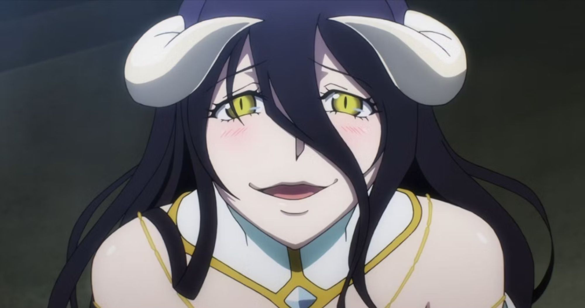 An anime screenshot of Albedo from Overlord. She is most likely looking up excitedly towards Ainz Ooal Gown here, not at the viewer. She has dark black hair with a big middle strand across her face, gold eyes with a slit pupil, white horns, and a white dress with a collar. The white dress has gold details.