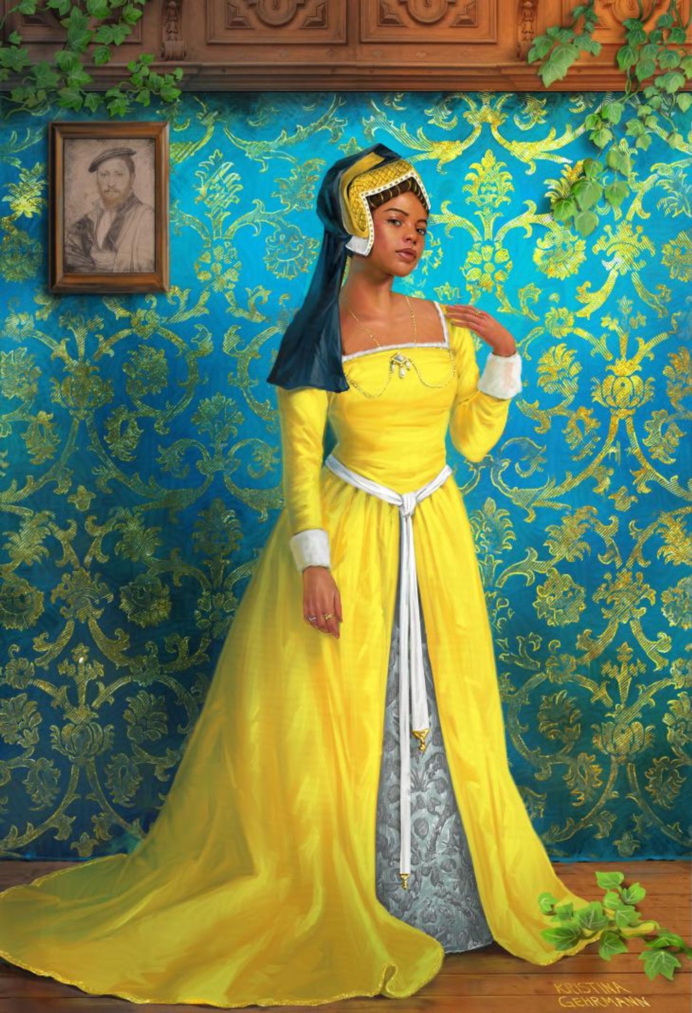 A young Black woman standing in a bright lemon yellow early Tudor style dress with narrow sleeves. She's wearing a silver kirtle beneath, and a gable hood. In the background, a rich bright blue tapestry patterned with gold.