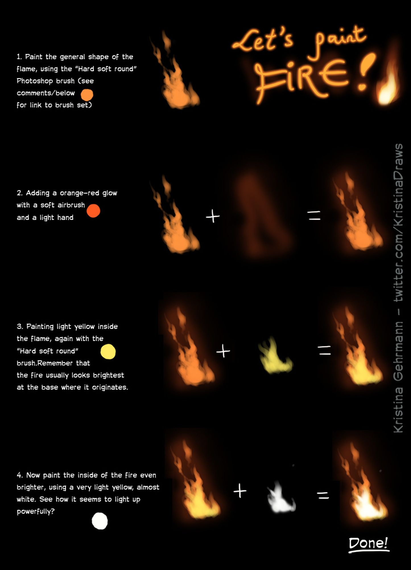 Short tutorial showing the steps to painting fire digitally (or in opaque traditional paint)